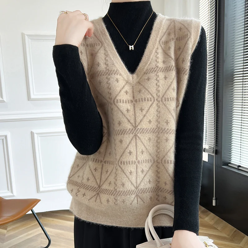 Женский модный вязаный жилет из 100% мериносовой шерсти с v-образным вырезом и цветными блоками, свитер без рукавов, мягкий пуловер, кашемировый нежный верх одежды