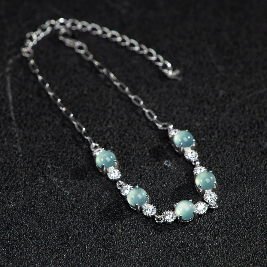 

TIMESWIND Natural A-type Jade Blue Round Bead Zircon Women S925 Silver Bracelet with Certificate