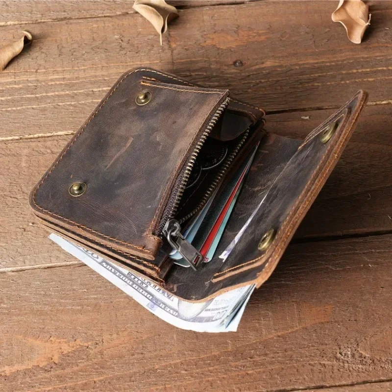 100% Genuine Leather Wallet for Men Male Brand Vintage Handmade Short Small Men\'s Purse Card Holder with Zipper Coin Pocket Bag