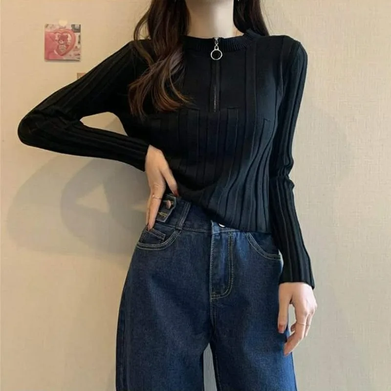 2023 Autumn Short Fashion Half Zipper Knitted Top Long Sleeve Casual Solid Color Versatile Bottom Sweater Pullover