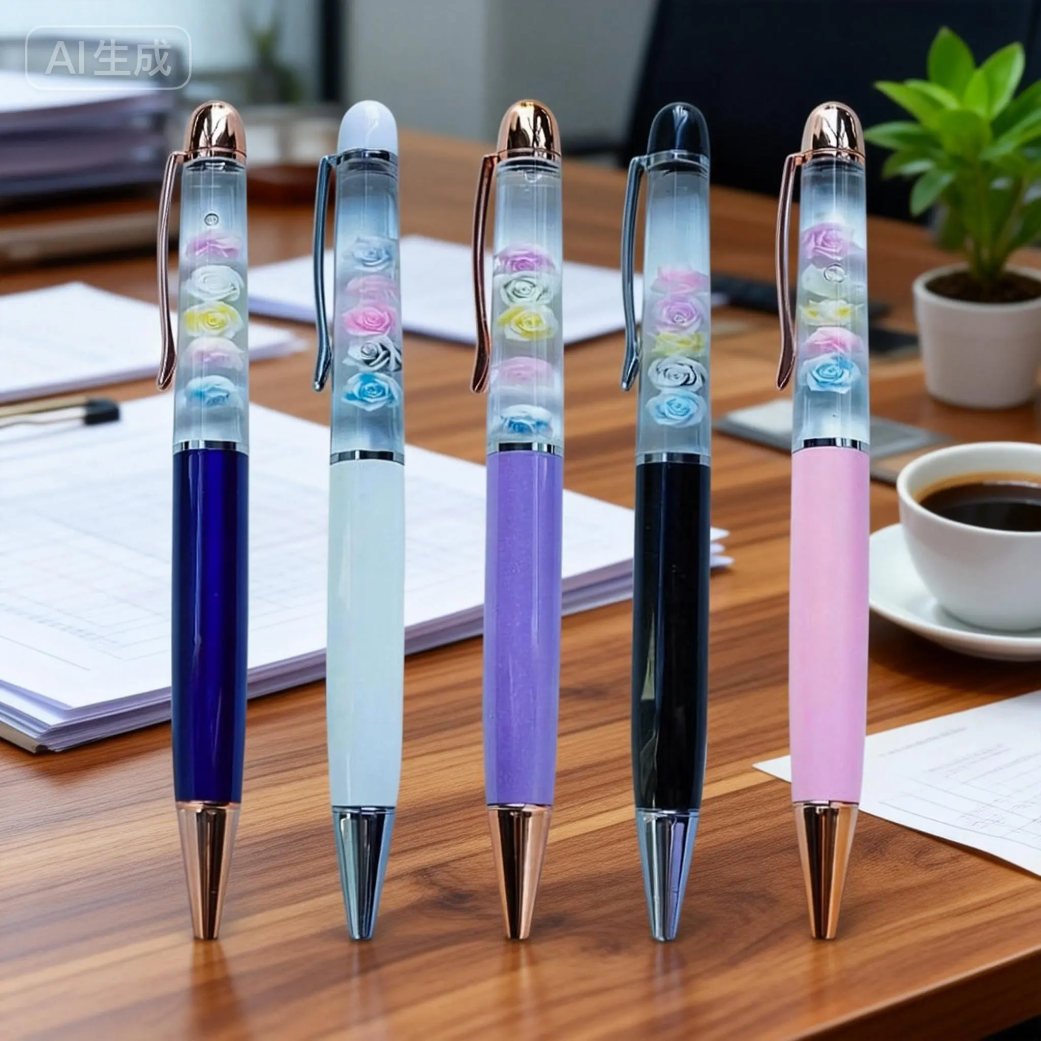 Rose Flower Cute Floater Liquid Writing Journaling Office Pen Unique Gag Gift For Women Men Kids Set of 5 Pens