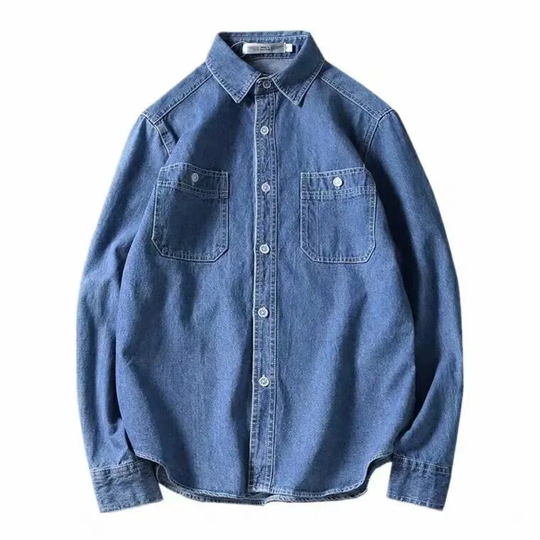 Vintage Denim Long-sleeved Shirt for Men Oxford Soild Men\'s Shirt Spring and Autumn Casual Slim Korean Fashion Tops Men Blouses