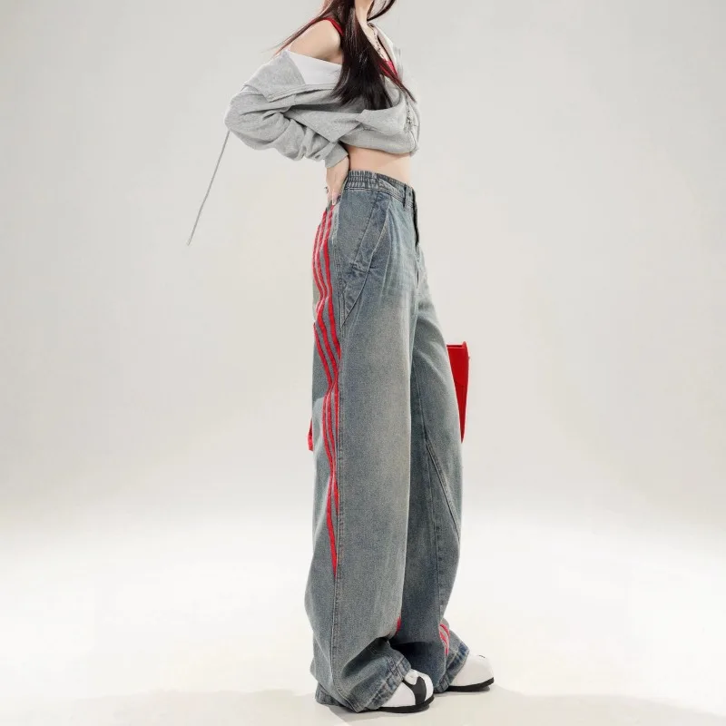 

Осень 2021, полосатые джинсы, женские осенне-зимние свободные и тонкие широкие брюки большого размера с высокой талией