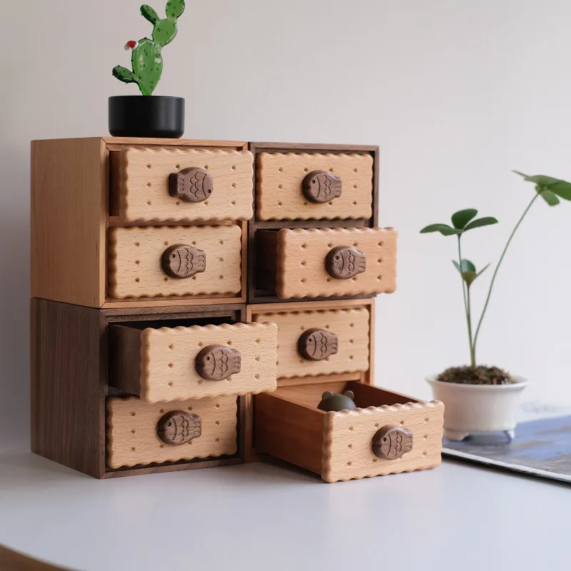 Solid Wood 2 Layers Desktop Organizer Creative Drawer Jewelry Box Cute Cotton Swab Storage Box Exquisite Desk Storage Solution