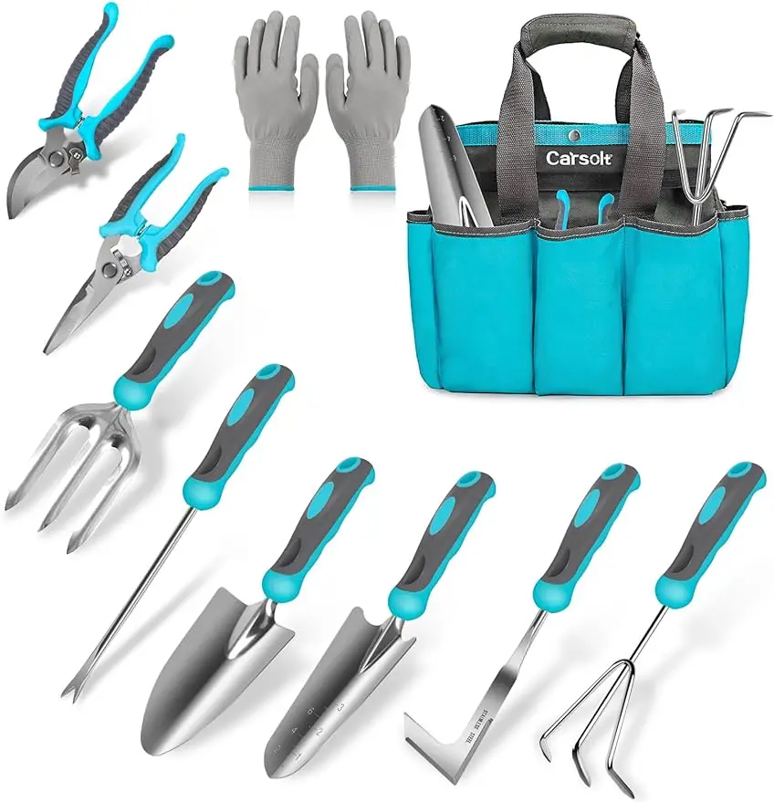 Gardening Tools,  10 Piece Heavy Duty Stainless Steel Garden Tools Set with Ergonomic Rubber Handle. Variety of Gardening