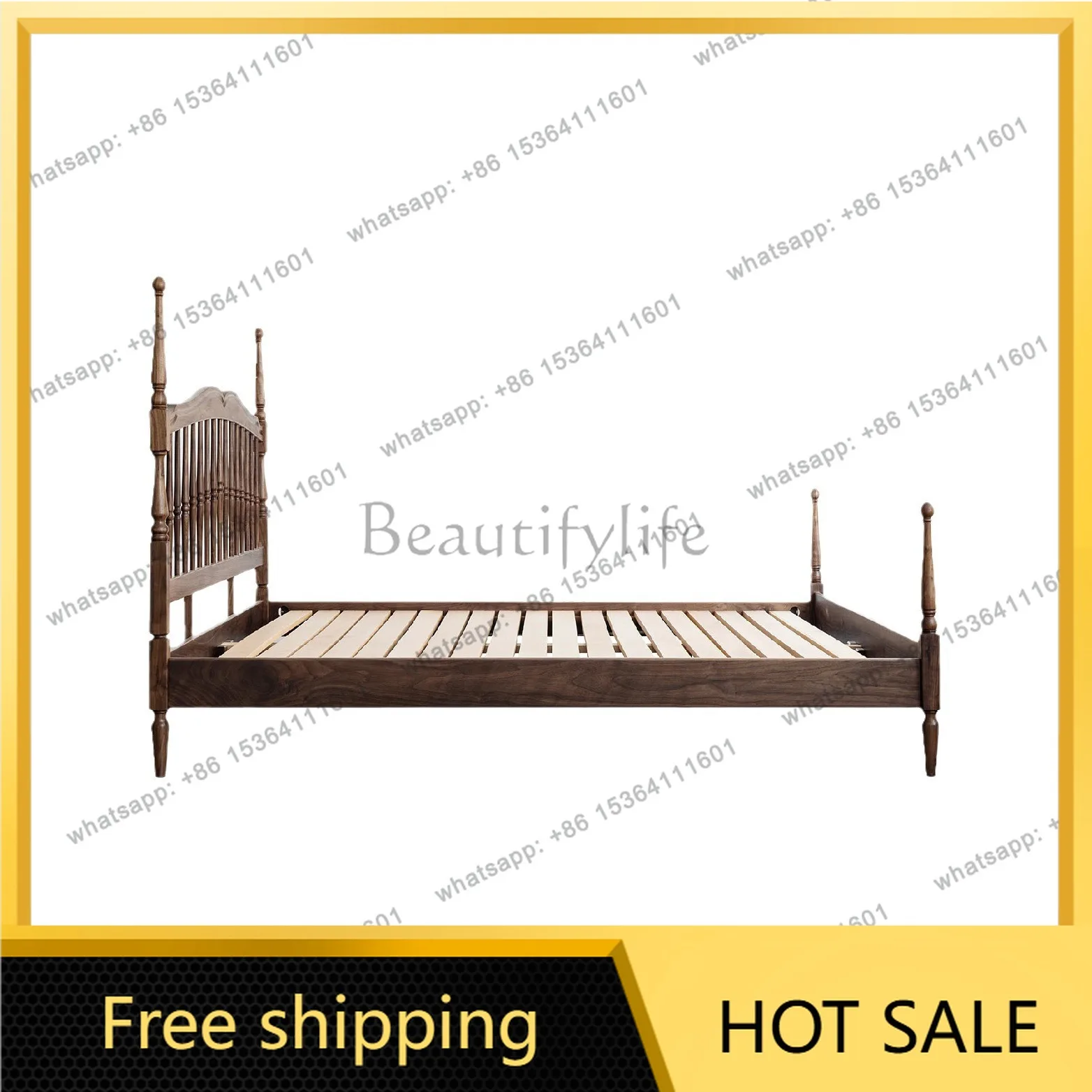 Factory Direct Sales vintage black walnut solid wood bed, Japanese-style minimalist double bed