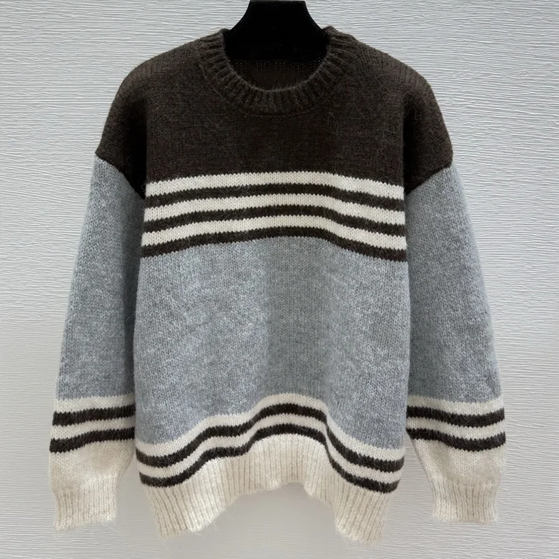 

Высококачественный женский пуловер в корейском стиле с цветными блоками и вышитым логотипом, свитер с круглым вырезом 251028122