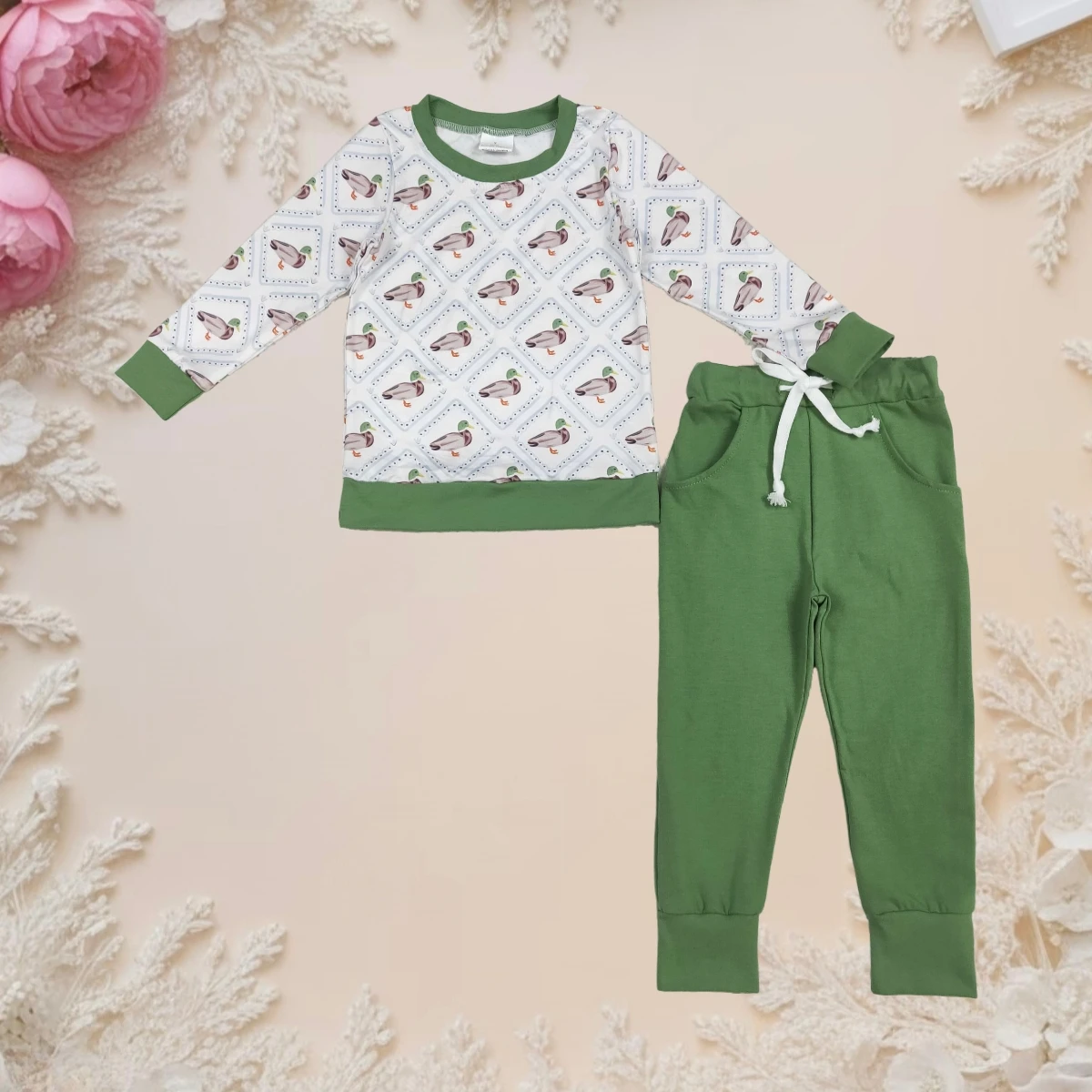 

Baby Boy Outfit Kids Spring Autumn Cozy Long Sleeve Sets Toddler Pullover Green Ducks Tops Pockets Legging Pant Children Clothes