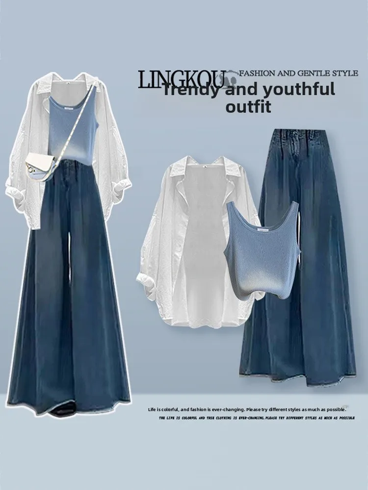 

Летний комплект: брюки с высокой талией и широкими штанинами, элегантная рубашка с защитой от солнца, жилет, костюм-тройка с длинным рукавом и воротником на пуговицах