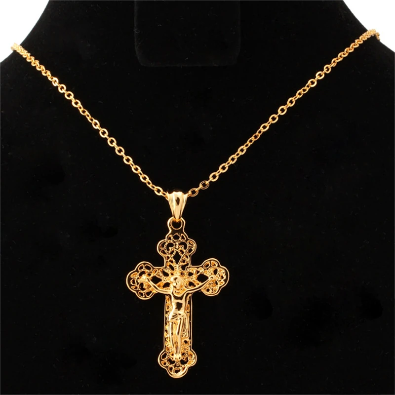 U7 3D Saint Cross Necklace Vintage Pattern Silver/Gold Color Alloy Pendant Rolo Chain Women/Men Christian Jewelry QC24