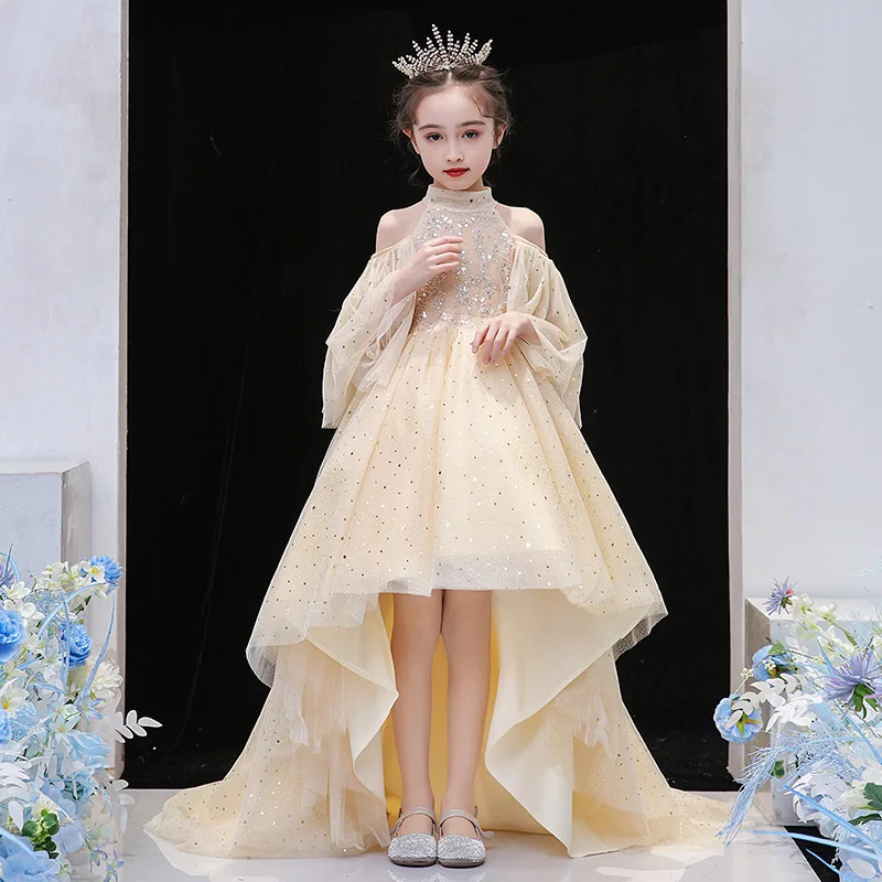 Little Girls Princess Tutu Dress High Low Tail Elegant Party Ball Gown Kids Birthday Gold Christmas Dresses Puffy Cold Shoulder