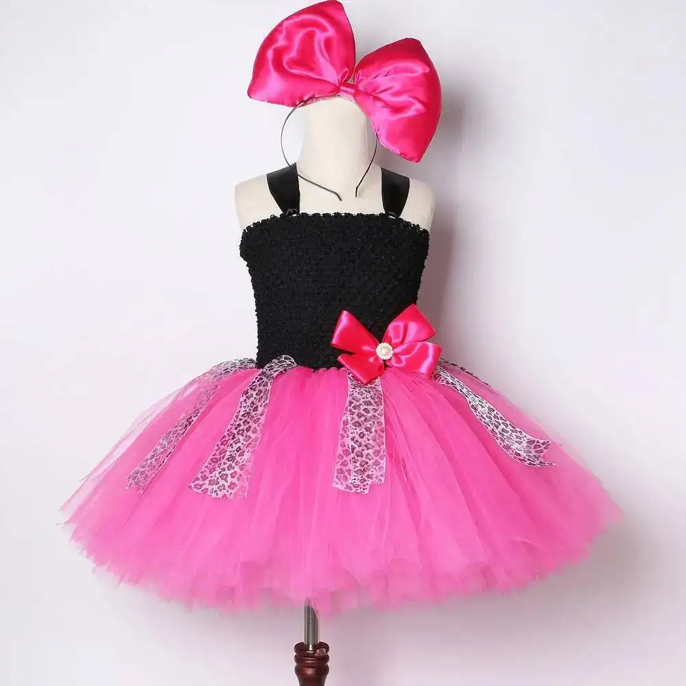 Girls Black Hot Pink Princess Dresses with Big Bowknot Hair Clip Birthday Party Tutu Dress Up Outfit for Kids Leopard Clothing