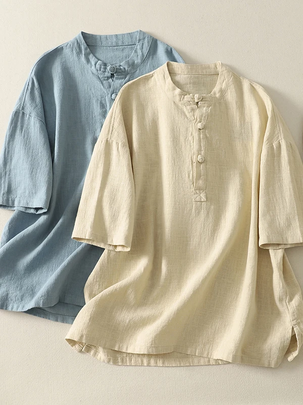 

Retro Chinese Style Loose Fit Short Sleeve Pure Color Button up Cotton Linen Blend Women's Casual Shirt Summer Top