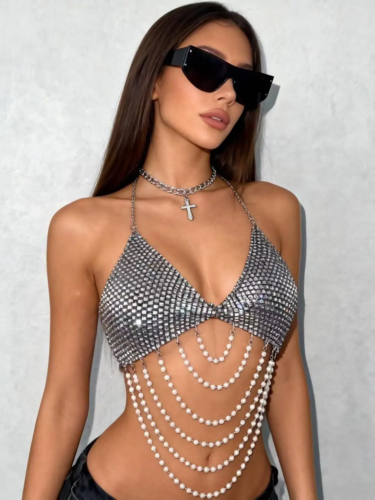 Handmade Fishnet Halter Corset Lace-Up Top Multi-Layer Pearl Detail Nightclub Party Hottie Suspender Top for Women
