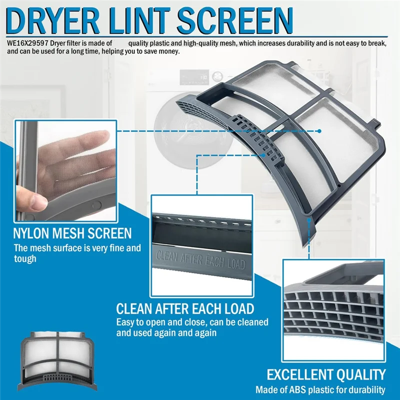ABBK-Dryer Lint Filter Trap Screen مناسب لمجفف الملابس GE، مصفاة الوبر للمجفف تحل محل WE16X32537 WE16X29597 AP7205579