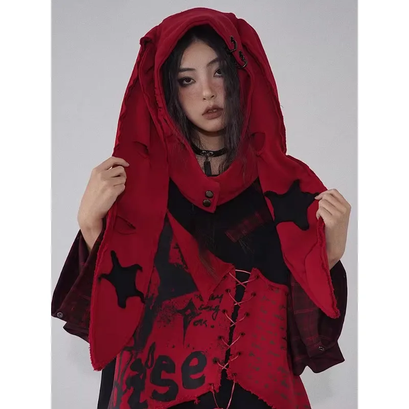 Hip Hop Rabbit Ear Hat Female Original Punk Pentagram Red and Black Hole Cotton Scarfs Women Love Hardware Hat Scarf Multi-wear