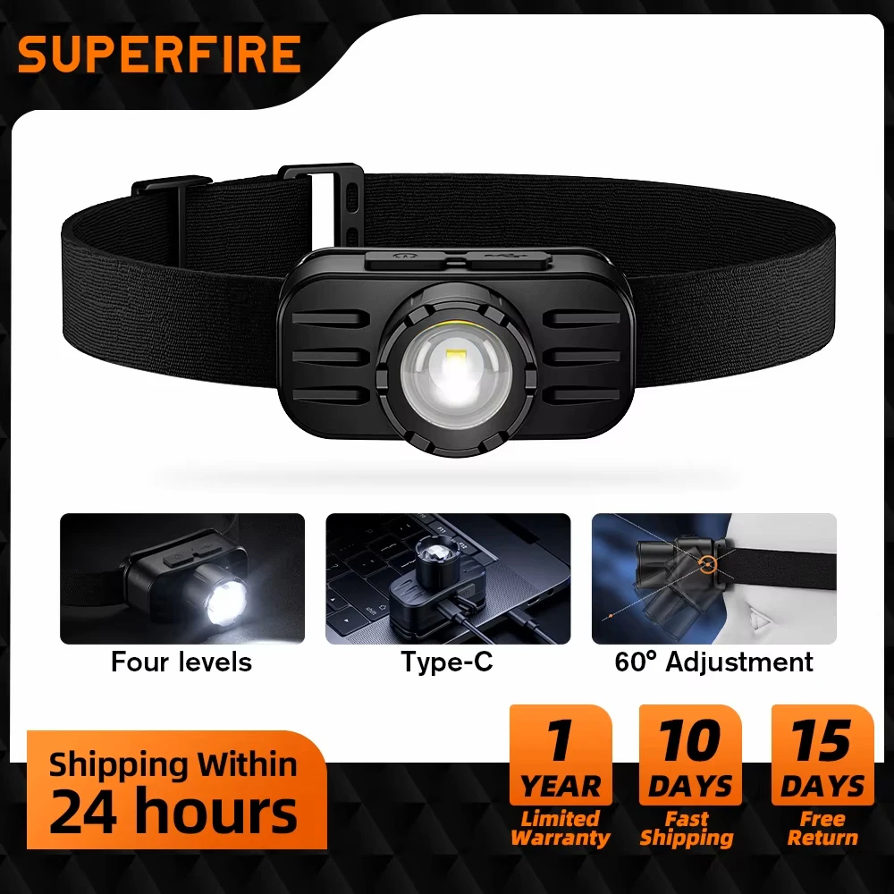 SUPERFIRE HL80 Portable Mini LED Headlamp Telescopic Zoom Head light Type-C Rechargeable 4 Modes Fishing Camping Hiking Lantern