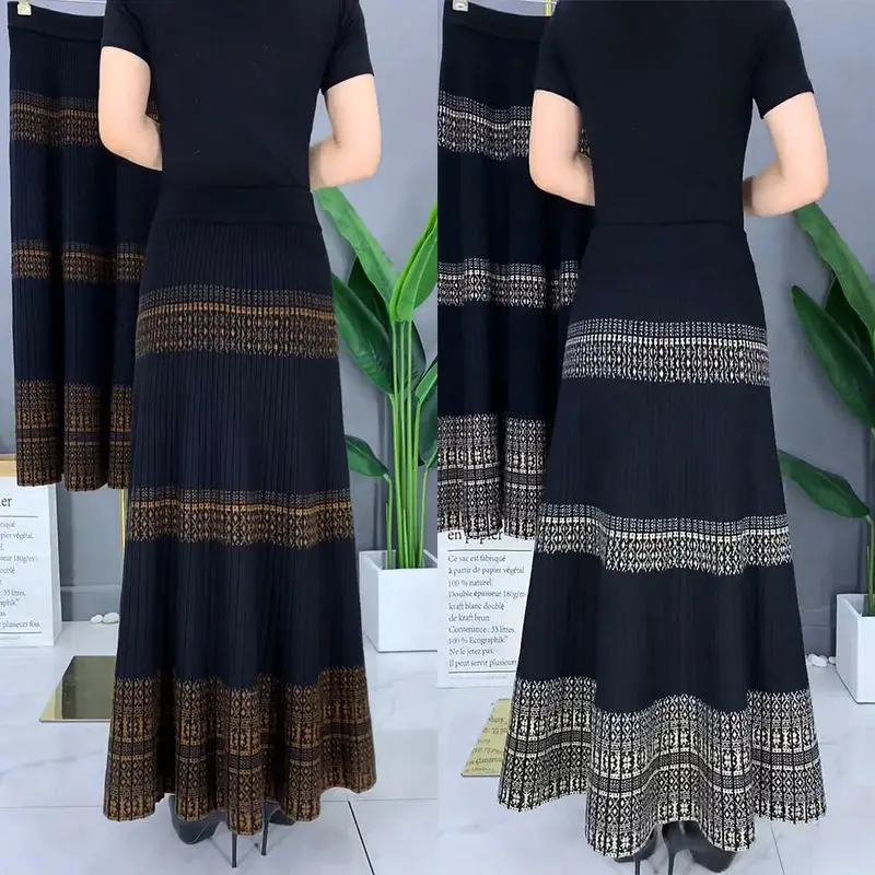Autumn and Winter Thickened Knitted Skirt for Women High-waisted Elastic Striped Stitching Ethnic Style Mom Dancing Skirt