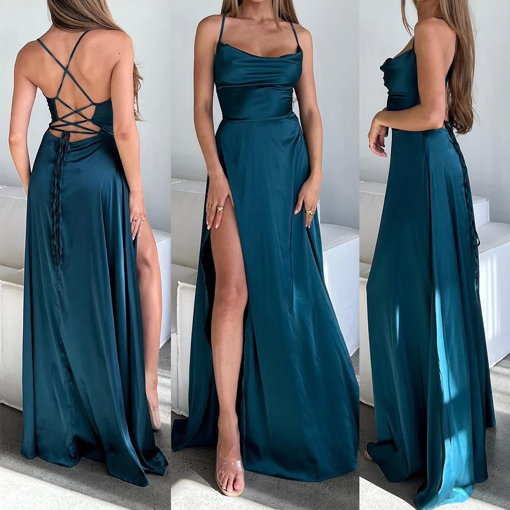 

Customized Vintage Sleeveless Backless Prom Gown Spaghetti Strap Square Collar Grace Evening Dresses Sweep Train Formal Party Dr