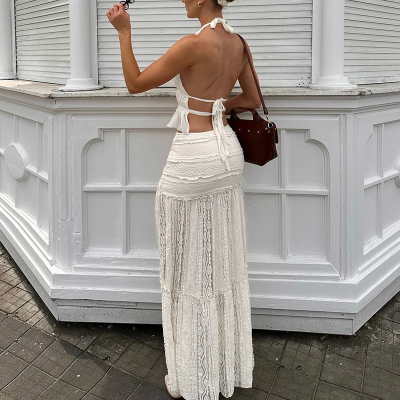 Talenza Lace Hollow Out Skirt Women's Sexy See Through Texture Patchwork Pleated Skirt Female 2025 Summer Vacation Casual Skirt