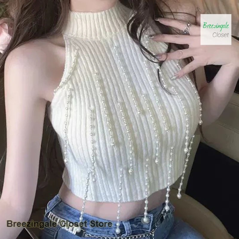 French small fragrance sweet off-the-shoulder sweater women's spring and summer new vest pure desire hot girl design sense top.
