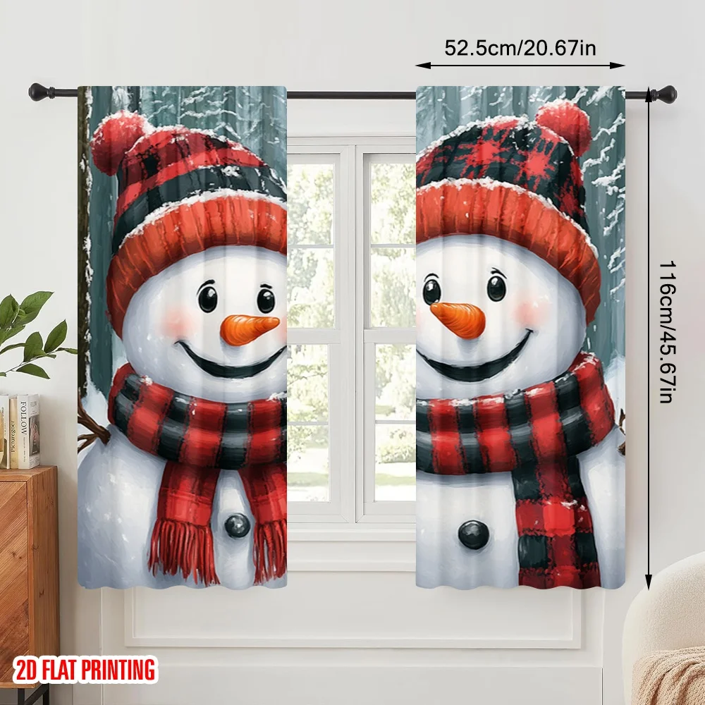 2pcs,2D plane printing Pattern Curtains Cute Snowman Couple Winter Forest (2) Versatile 100% Polyester (without rod) Versatile