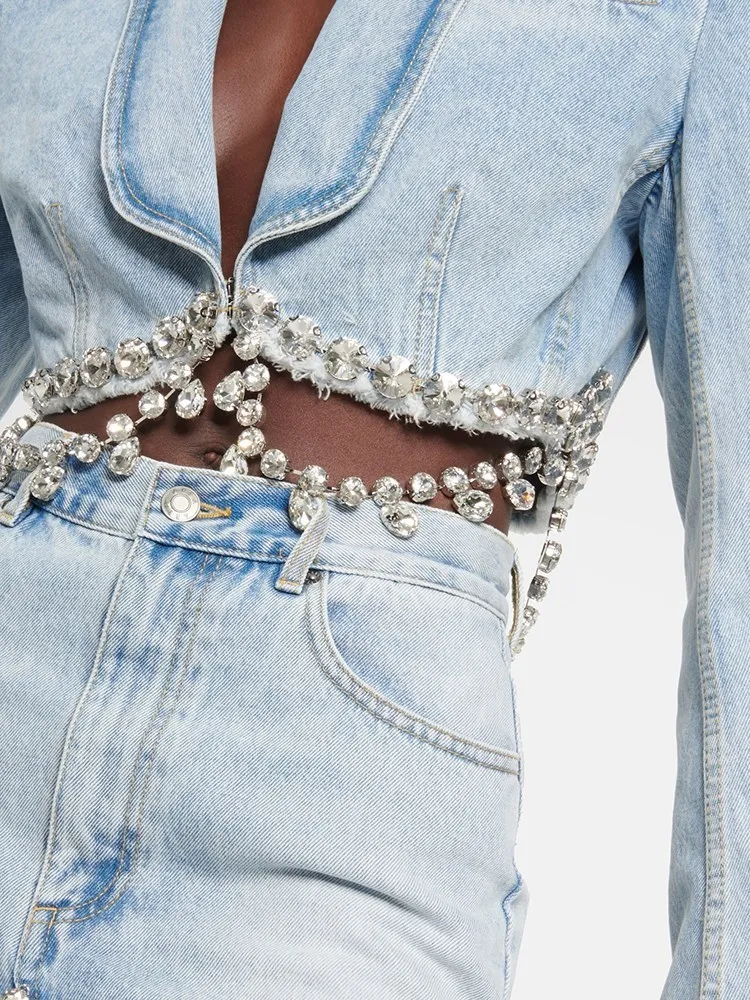 Bpn unregelmäßig gespleißte Diamanten Jeans mantel für Frauen Revers Langarm solide aushöhlen sexy schlanke Jacke weibliche Kleidung Mode