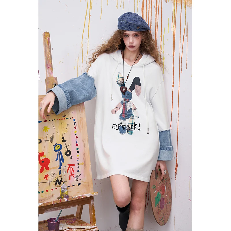 ELFSACK Cute Midi Dress with Bunny Patchwork and Asymmetrical Denim, Soft Relaxed Fit Summer Dress, Sweet Y2K Cool Girl Outfit