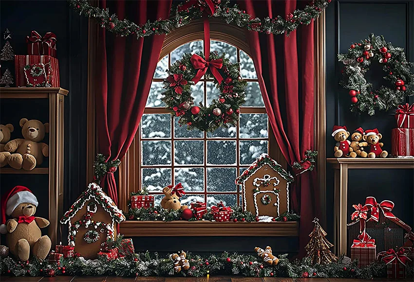Mehofond Photography Backdrop Arched Window Red Curtain Family Festival Christmas Wreath Gingerbread House Bear Decor Background