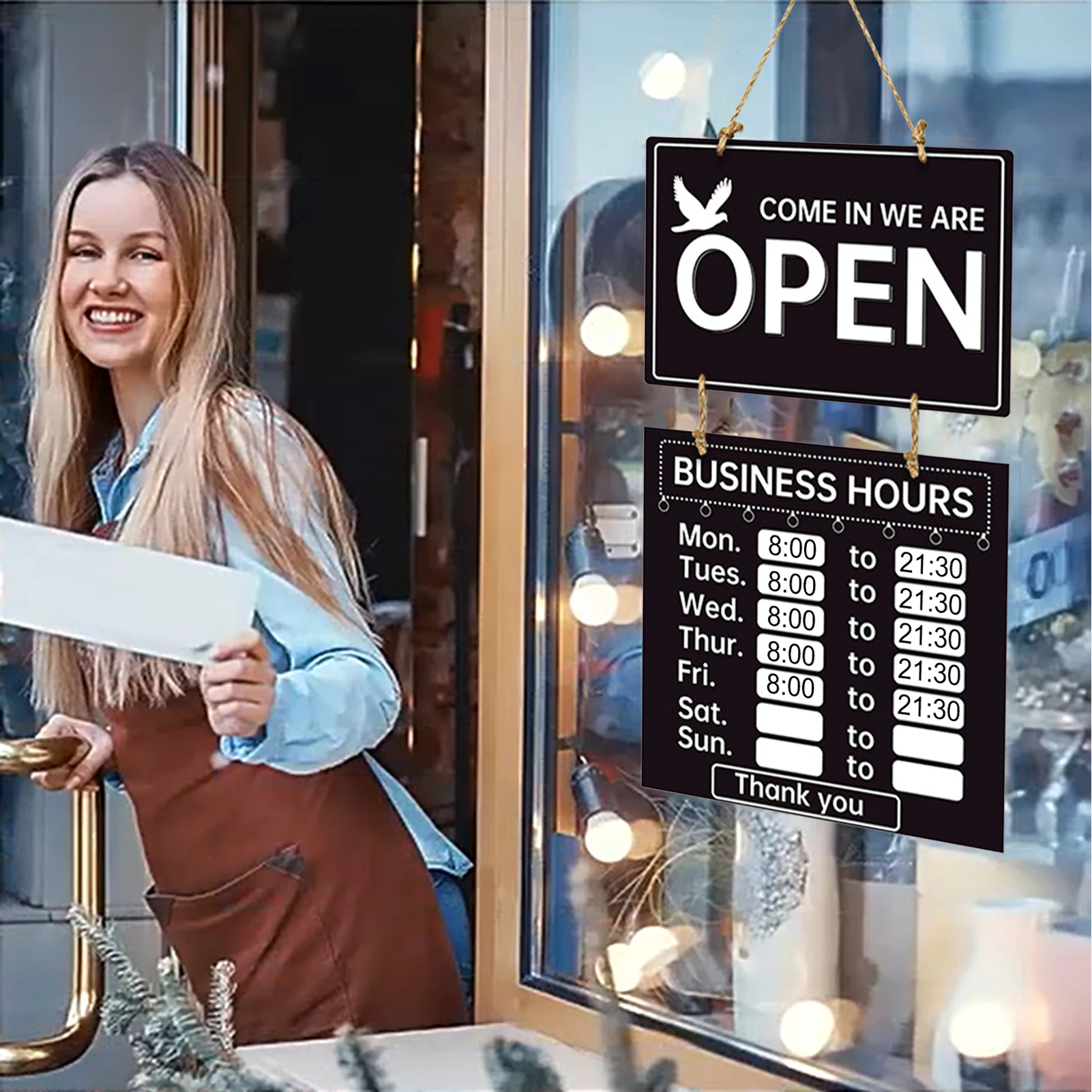 Letrero de horario de negocios de doble cara, cartel de horario de tienda, letrero abierto y cerrado con horario, tableros decorativos de bienvenida para tienda, gimnasio