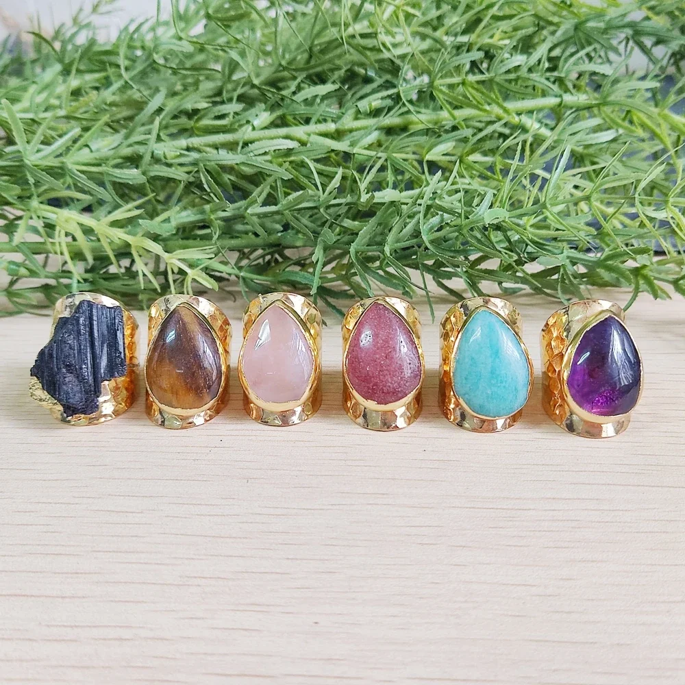 Gold Plated Teardrop Shape Natuarl Gems Amethyst Amazonite Crystal Stone Adjustable Rings for Women Men Fashion Jewelry