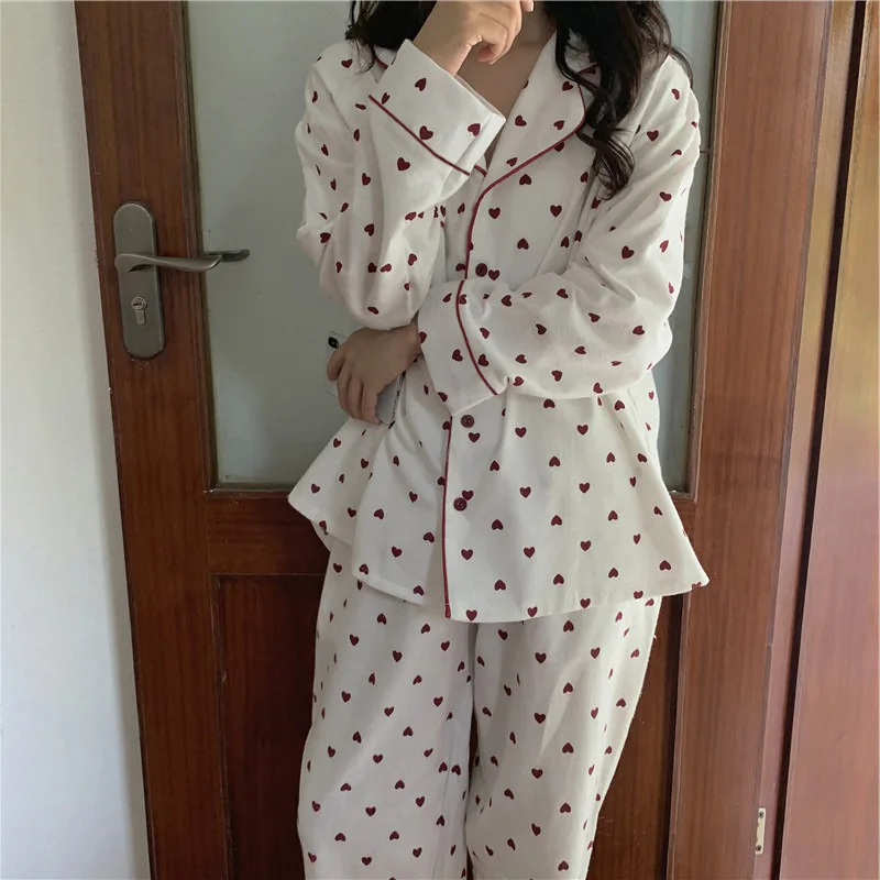 Women Pajamas Sets Spring Summer Autumn 2 Piece Heart Print Pyjama Pants Sleepwear Long Sleeve Buttons Pijama Mujer Pjs Homewear