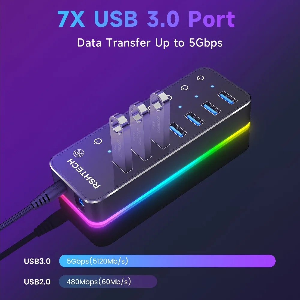 RSHTECH 5Gbps USB Hub with 14 RGB Lighting Modes 20W Power Adapter Individual Switches USB 3.0 Data Hub Splitter for Mac & PC