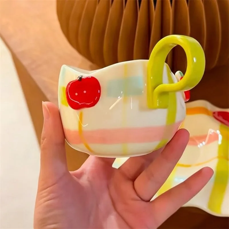 Apple Plaid Ceramic Cups and Saucers,Hand-painted Flower Mugs,Wine Glasses,Graduation Gifts Girlfriends,Coffee Drinkware