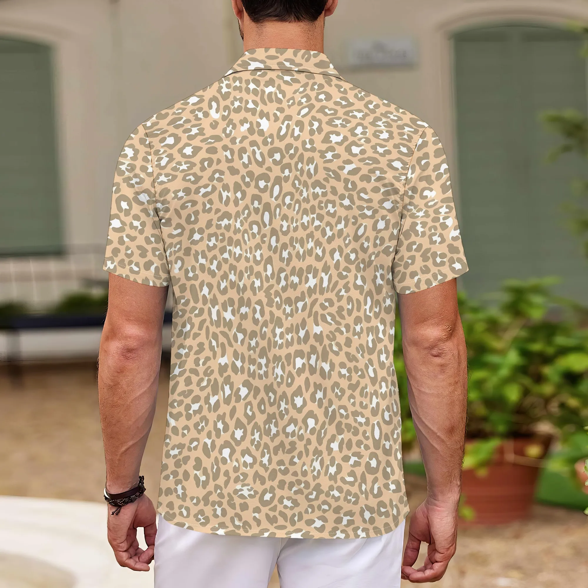 YEAE Khaki Leopard Print Shirt for Men Summer Casual Short Sleeve Top