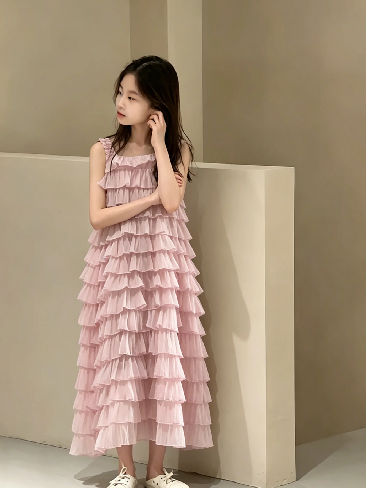 girls-summer-dress-children's-plaid-strap-dress-thin-fashionable-pink-midi-skirt-casual-high-waist-soft-fabric-machine-washable