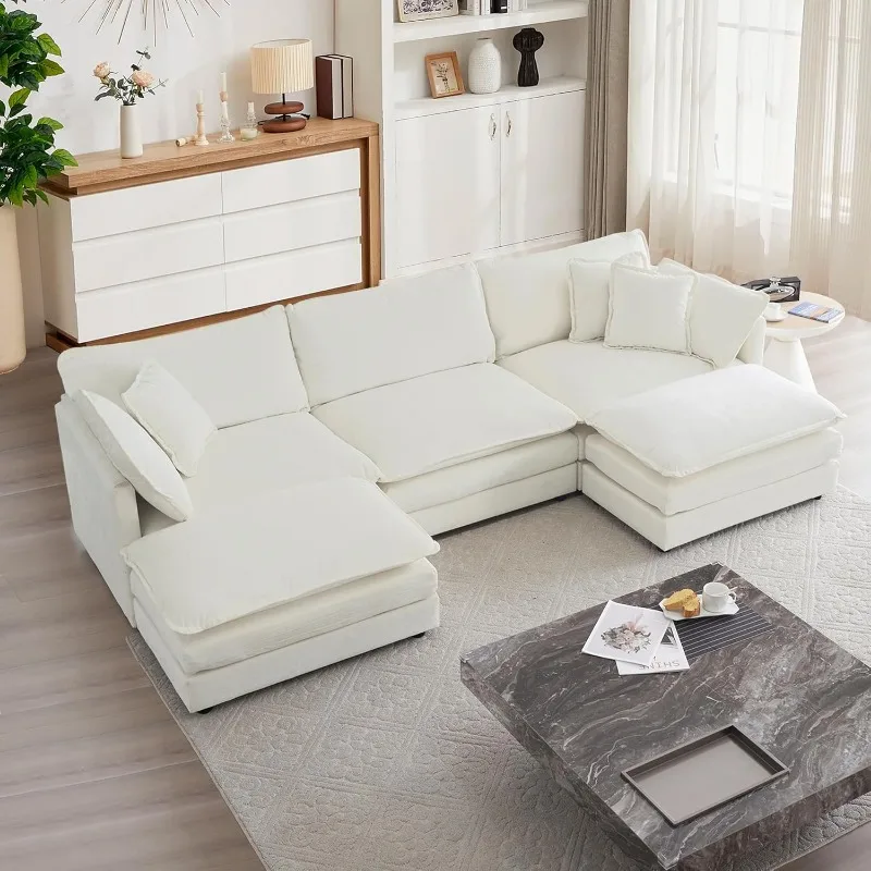 Modular Sectional Sofa, 111.5 Inch U Shaped Couch Set for Living Room, 3-Seater Comfy Cloud Couches with Movable Ottoman