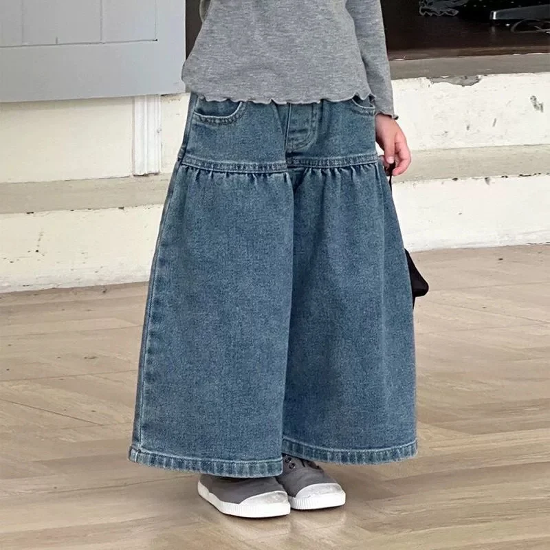 

Children Jeans Girls Loose Wide-Leg Pants Spring New Casual Trousers Kids Plain Elasticated Waist Trousers Autumn Denim Trousers