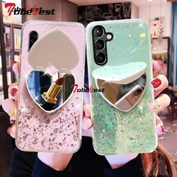 Glitter Heart Mirror Phone Holder Case For Samsung Galaxy A16 A26 A36 A56 A06 A15 A25 A35 A55 A14 A25 A35 A54 A05 4G 5G Cover