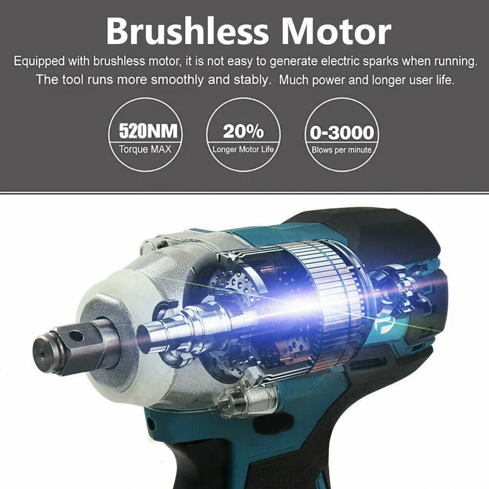 18V 520Nm Impact Wrench Electric Rattle Gun Screwdriver Speed Power Tool With 4pcs Impart Socket Brushless For Makita Battery