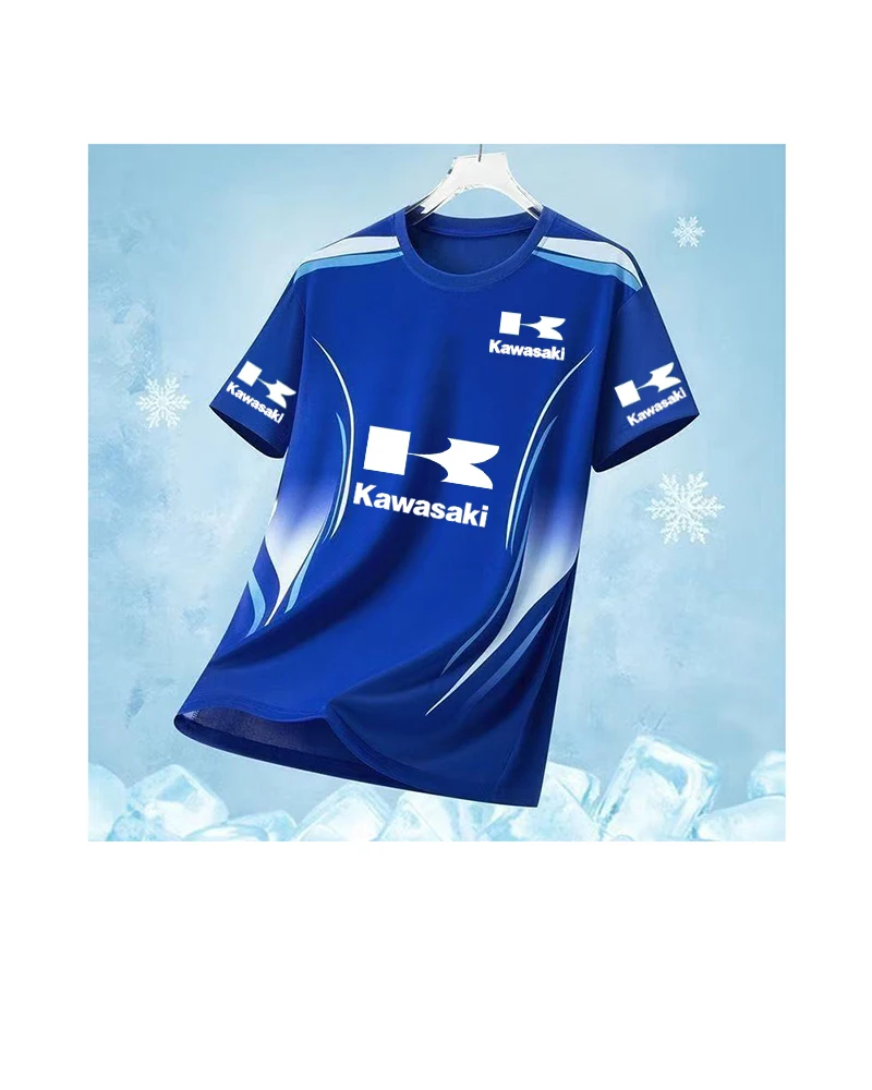 

Kawasaki summer ice silk quick drying round neck short sleeved T-shirt for men, trend gradient casual loose sports shirt top