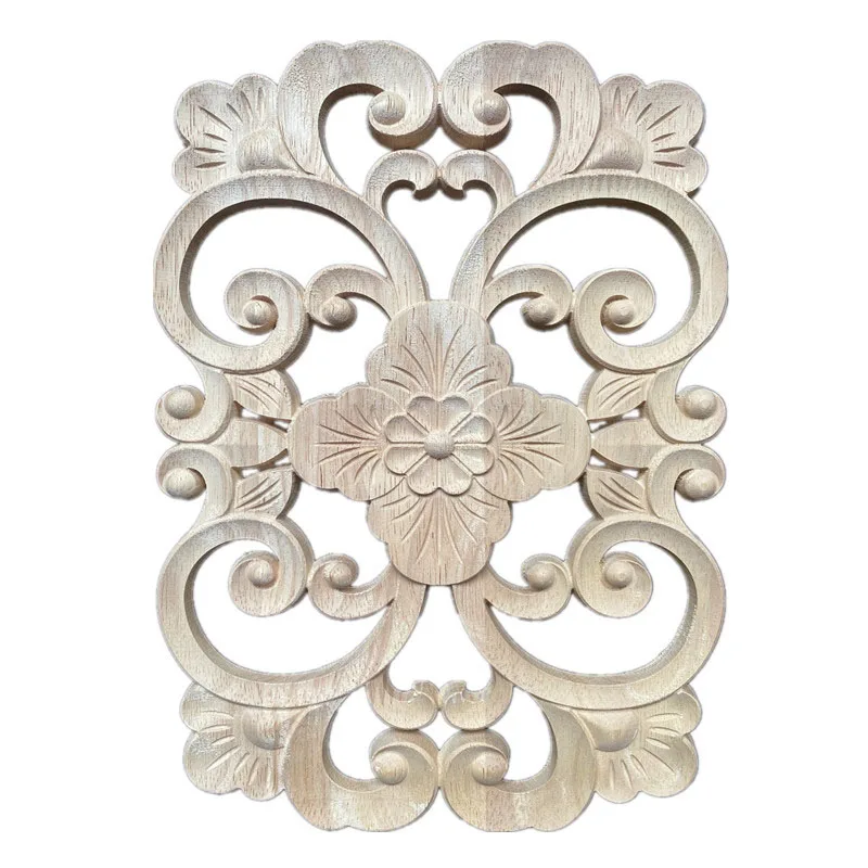 Natural Wooden Floral Figurines Crafts Furniture Parts Corner Appliques Frame Woodcarving Decorative Wood Carved