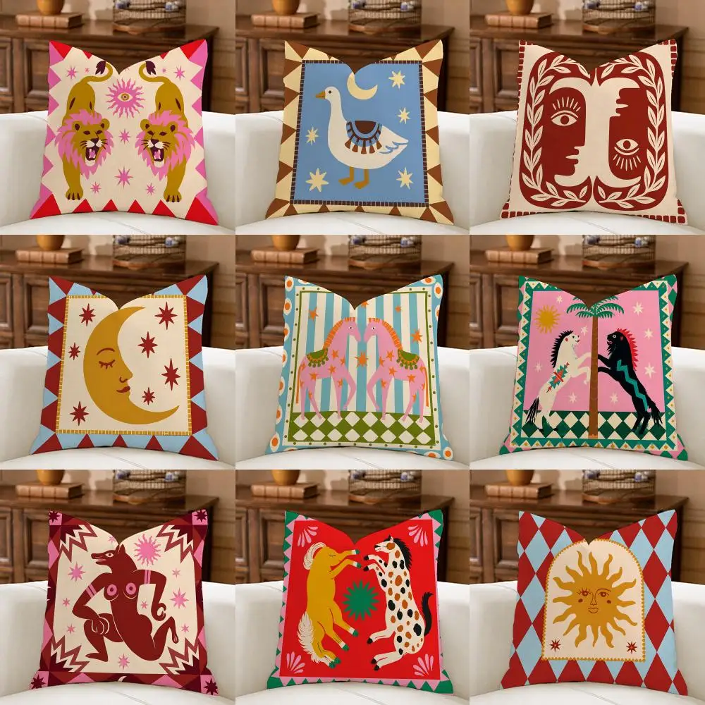 Whimsical Sun Moon Animal Cushion Cover Natural Breathable Durable Linen Printed Decor Pillow Case Sofa Bedroom