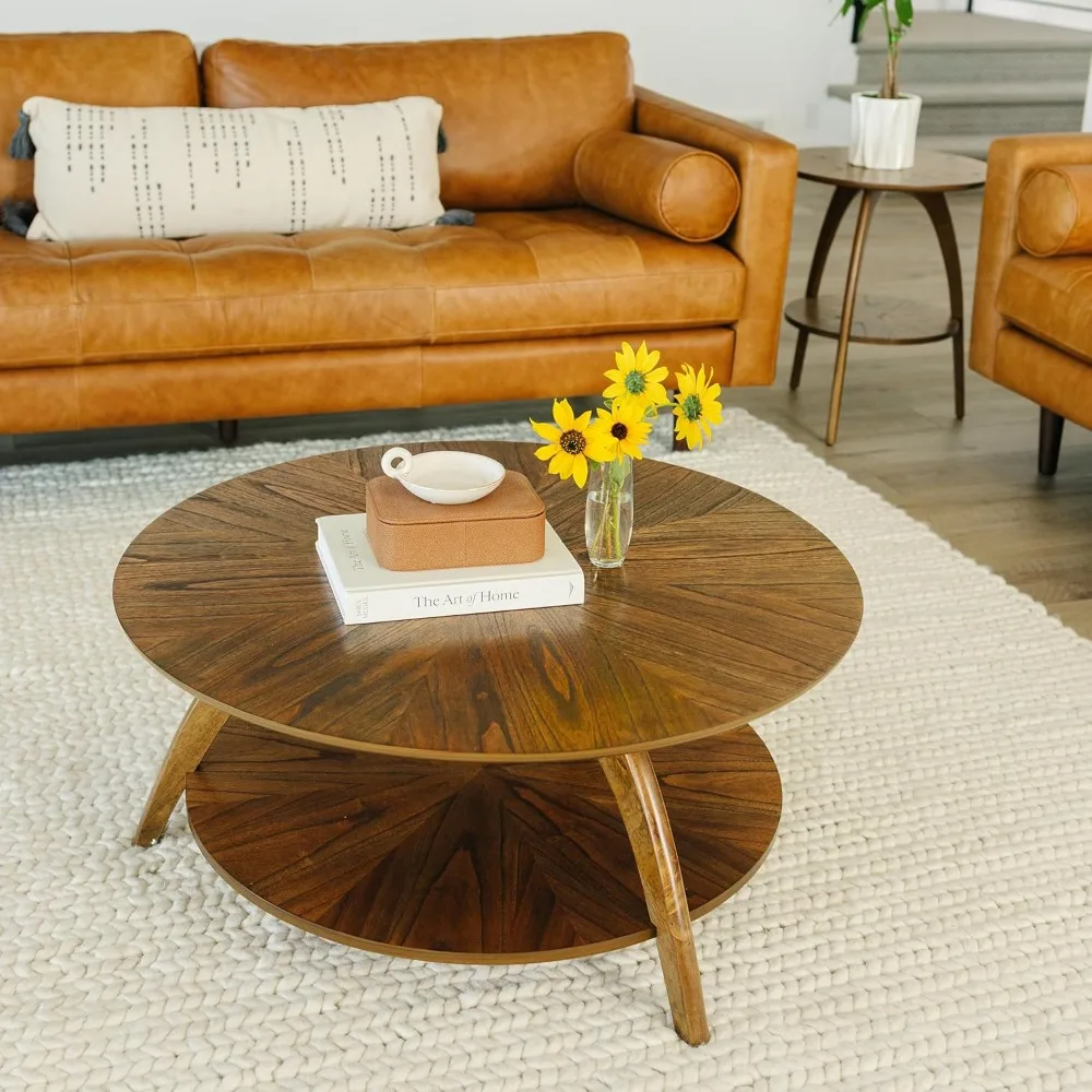 

Round Wood Retro Mid-Century Modern Round Wood Coffee Table with Lower Shelf, Cocktail Table for Living Room