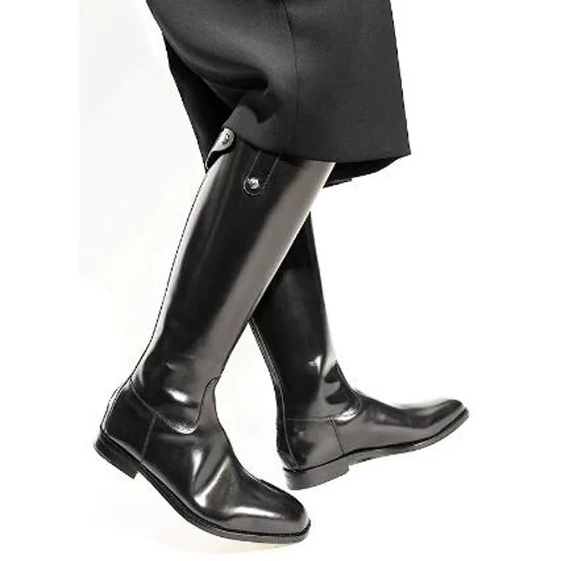 

Black Shiny Patent Leather Zipper Back Flat Knee High Boots Man Genuine Leather Pointed Toe High Top Boots Knight Boots Male