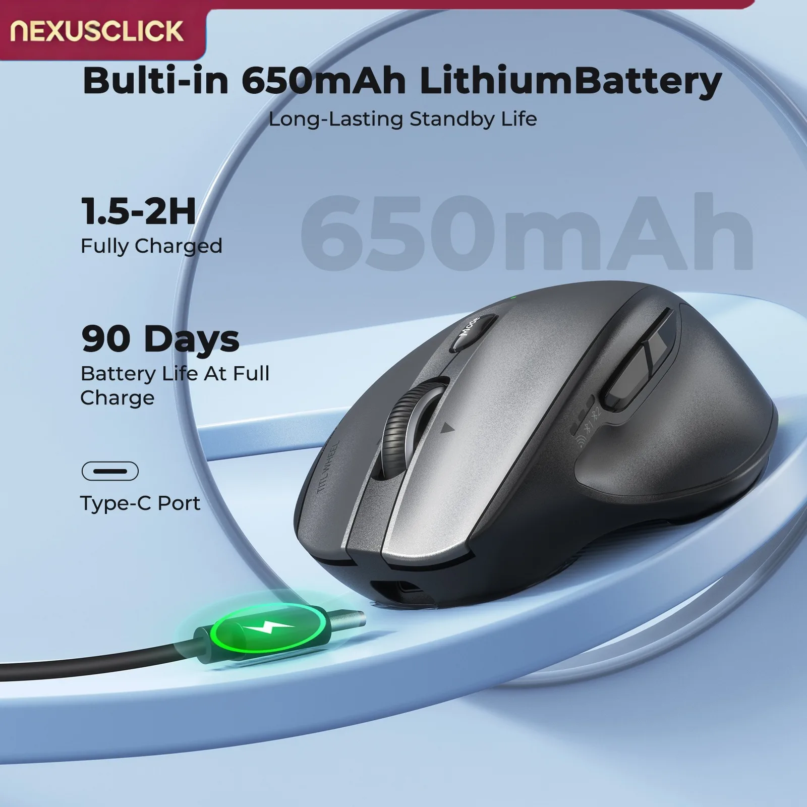 NexusClick Dual Mode Wireless Rechargeable Mouse,Ergonomic Thumb Support,RGB Silent Mice Multi-Device Connection for Office Home