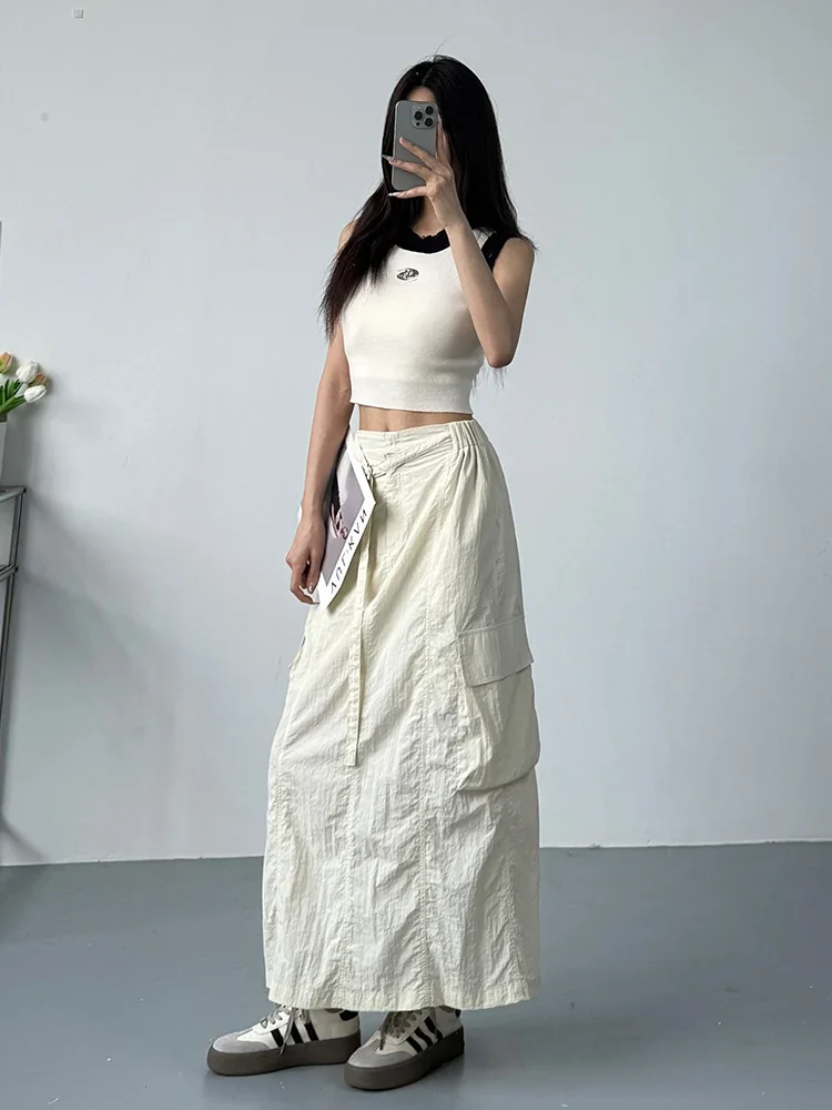 Apricot Casual Long Cargo Skirts Women Stitching Vintage Baggy Streetwear Outfits Split Fashion Low Waist Loose Skirt 2024 New