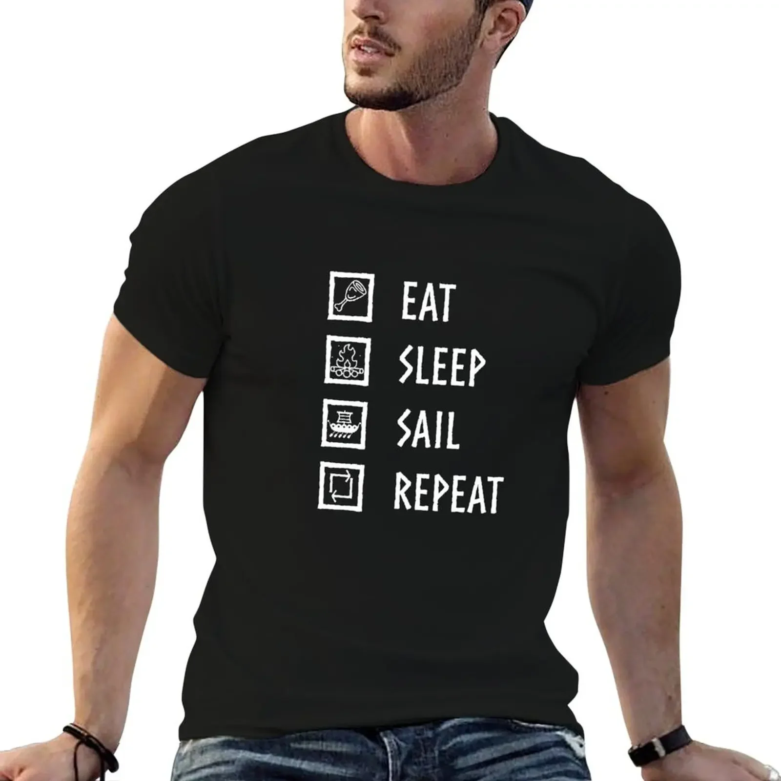 

Valheim: Eat, Sleep, Sail, Repeat (White Font) T-Shirt boys animal print cute tops man t shirt plus size clothes t shirts men