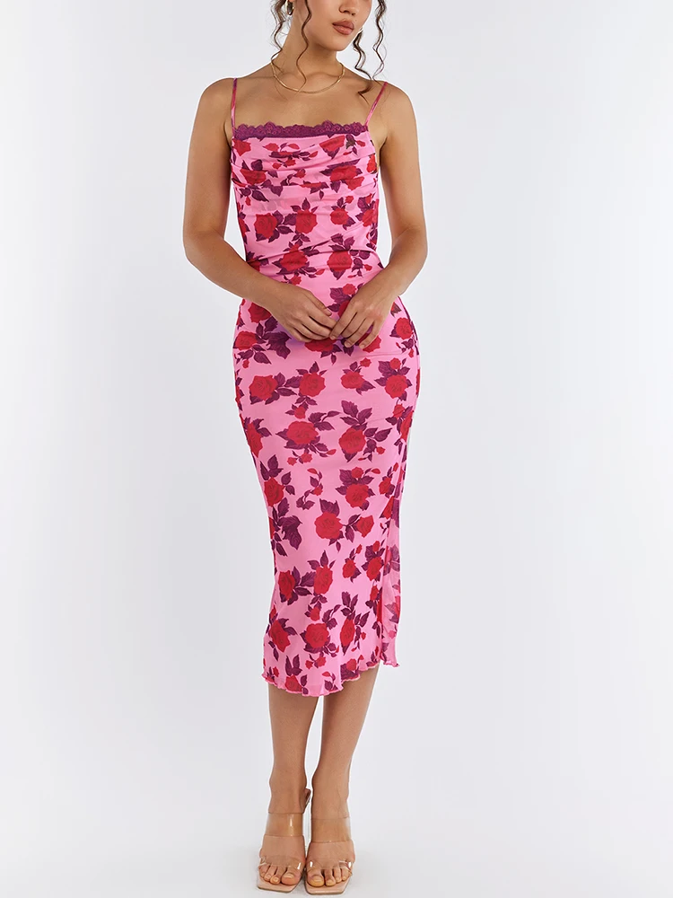 Newasia Bloemenprint Mouwloze Backless Midi Jurk Uitgesneden Kant Gesplitst Mesh Bodycon Mode Feest Casual Jurken