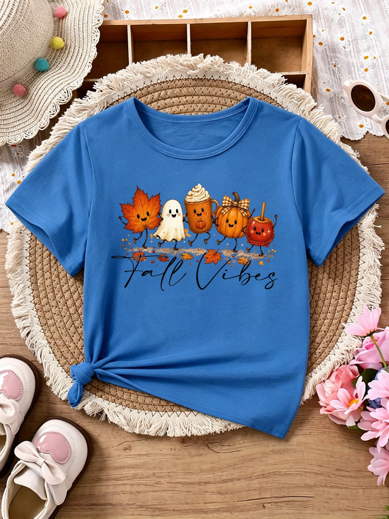 Fall Vibes Pumpkin Bow Ice Cream Printed T Shirt Girls Thanksgiving And Halloween Gifts T-Shirt Funny Kids Clothes